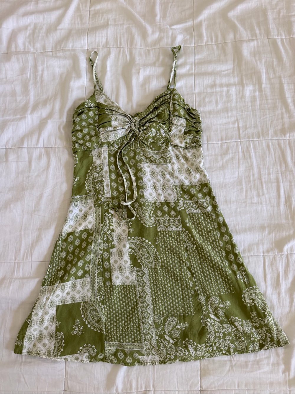 La Hearts Olive Green Paisley Slip Dress with Patchwork Print